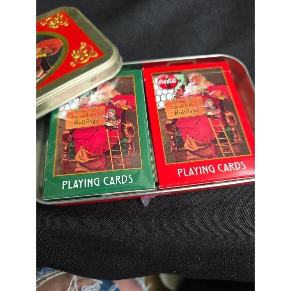 Vtg Christmas 2 Playing Card Deck Bridge Set w Tin Case  Santa Claus